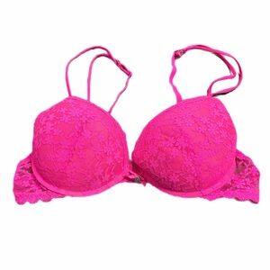 Y2K European Vintage Censored Hot Pink Floral Lace Push-Up Bra (Hot Pink) 36C